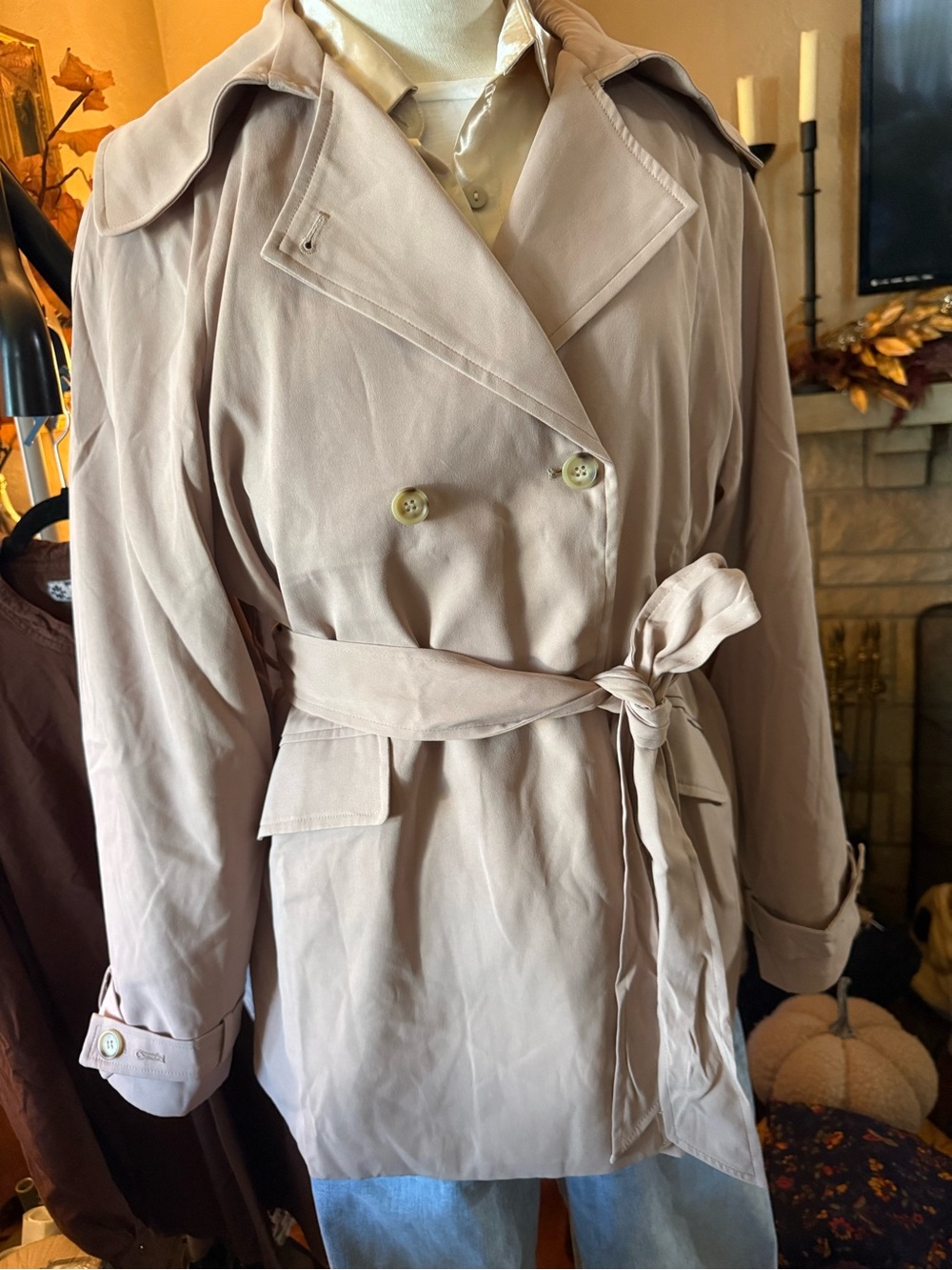 Andree by Unit Beige Mocha Oversized Belted Short Trench Coat Jacket Large